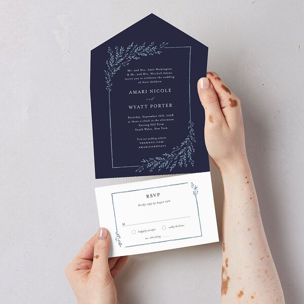 Rustic Branch Frame All-in-One Wedding Invitations Navy Signature Light Both Recipient and Return Addresses No