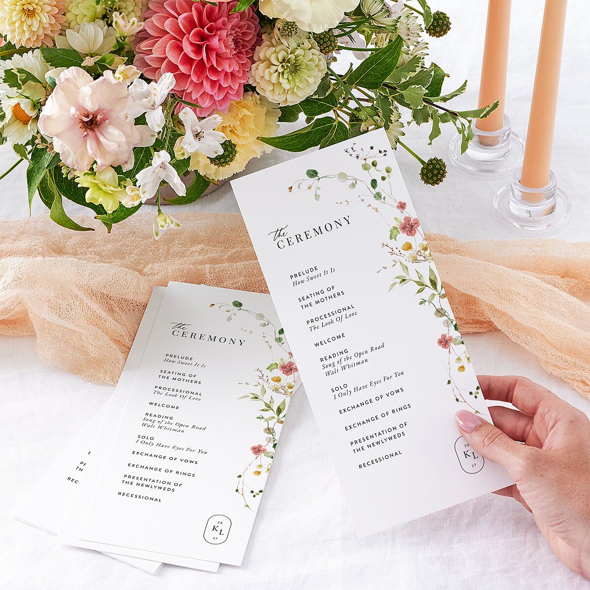 Glistening Wildflower Foil Wedding Programs Gold Soft Peach Signature