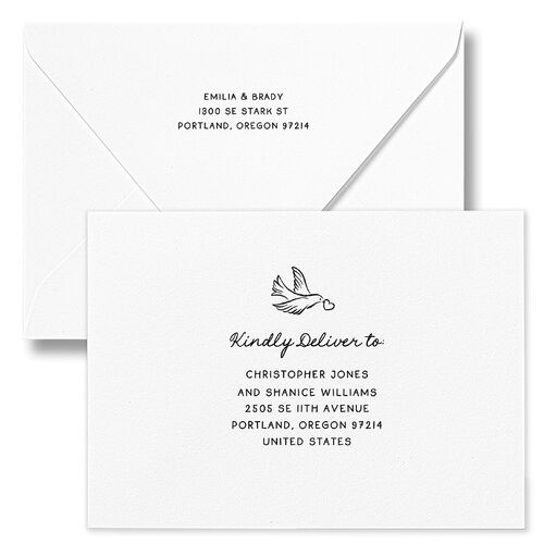 Vintage Lovebird Banner Save The Date Card Euro Envelopes White Linen Both Recipient and Return Addresses Luxe Signature