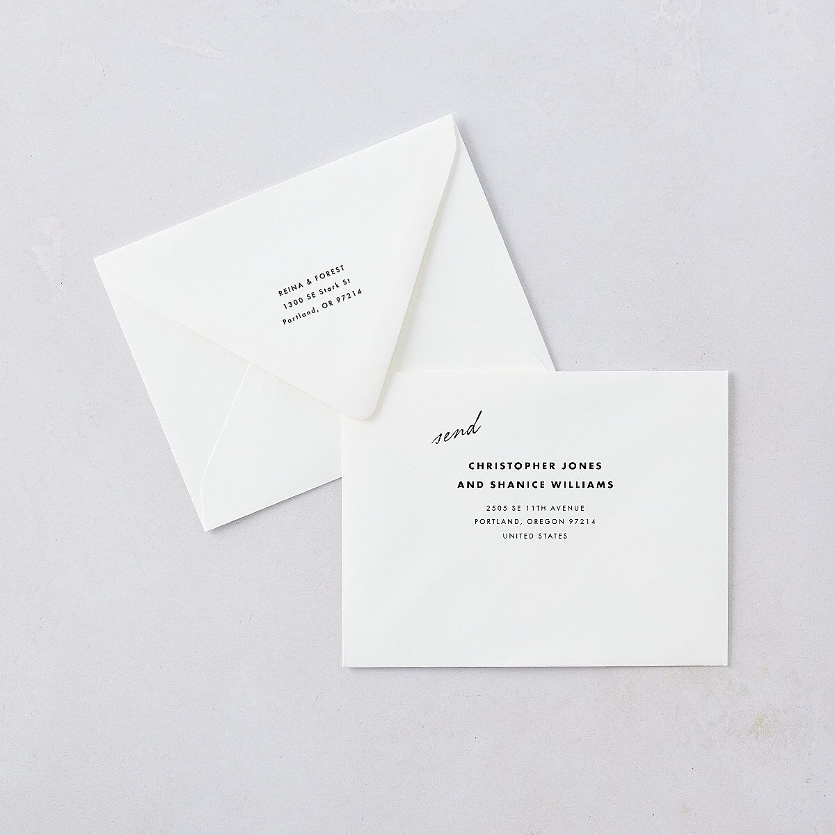 Editorial Film Strip Collage Save the Date Magnet Euro Envelopes Licorice White Both Recipient and Return Addresses Luxe Signature