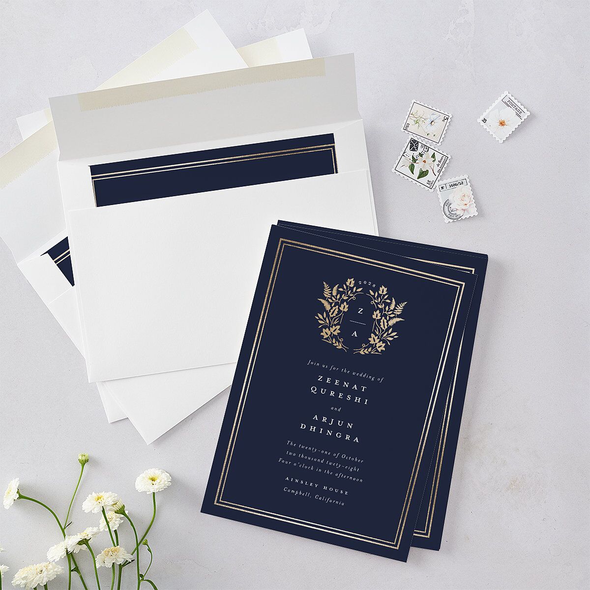 Rustic Kingdom Wedding Invitations Gold Navy Signature Blank No Standard