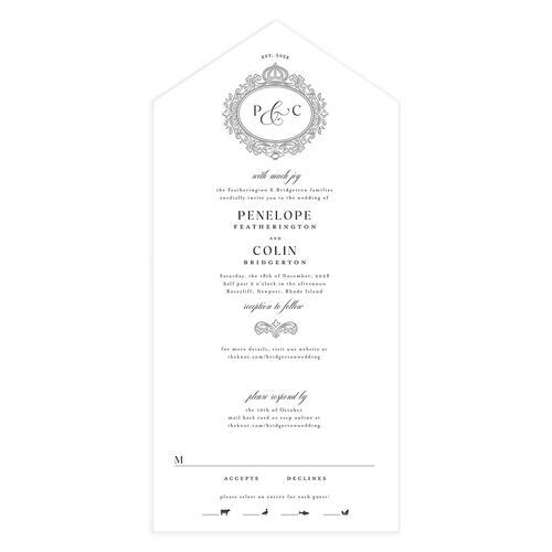 Glamorous Crown Monogram Crest All-in-One Wedding Invitations by Bridgerton Pure White Signature Light Both Recipient and Return Addresses No