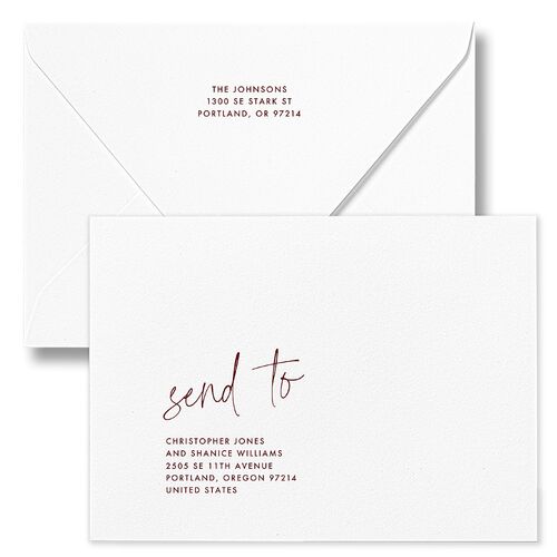 Our Greatest Gift Wavy Bow Frame Holiday Card Euro Envelopes White Jewel Red Both Recipient and Return Addresses Luxe Signature