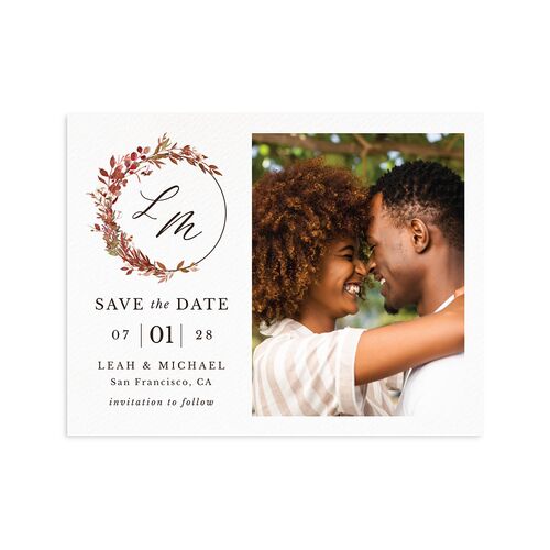 Leafy Monogram Hoop Save the Date Petite Cards Charcoal Signature smooth Blank No Standard