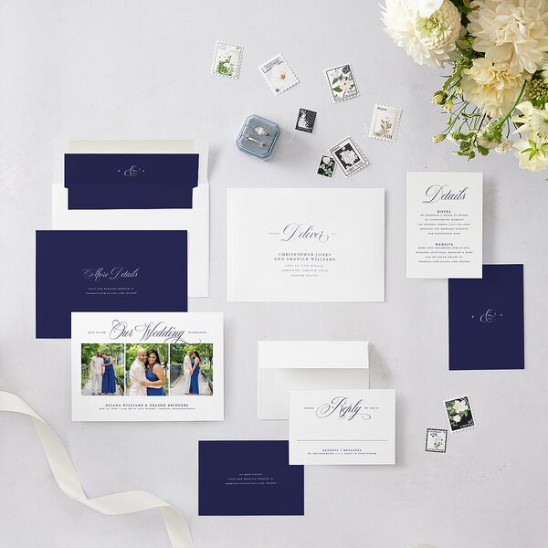 Classic Photo Wedding Invitations Navy Signature Blank No Standard