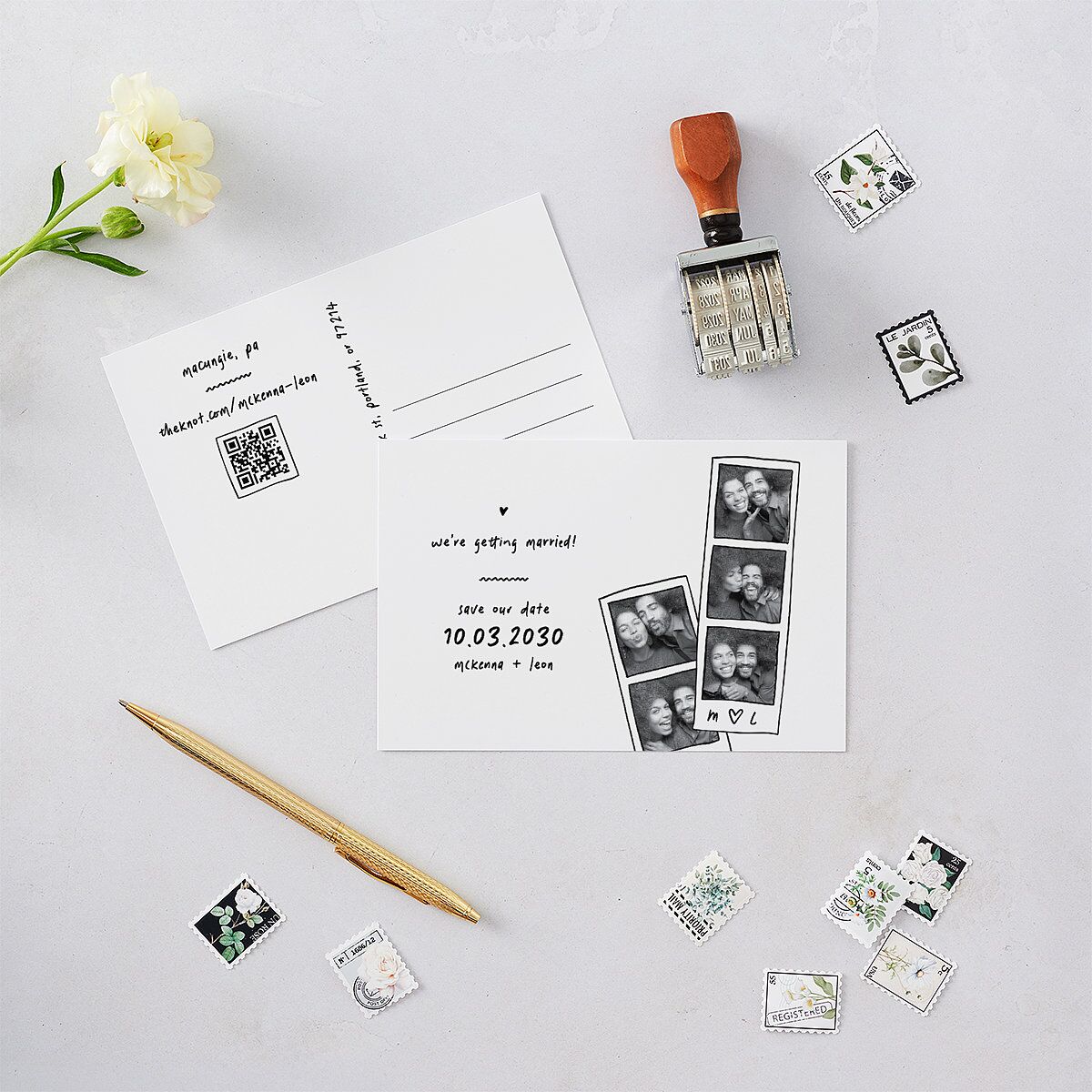 Hand Drawn Photo Strip Save the Date Postcards Pure White