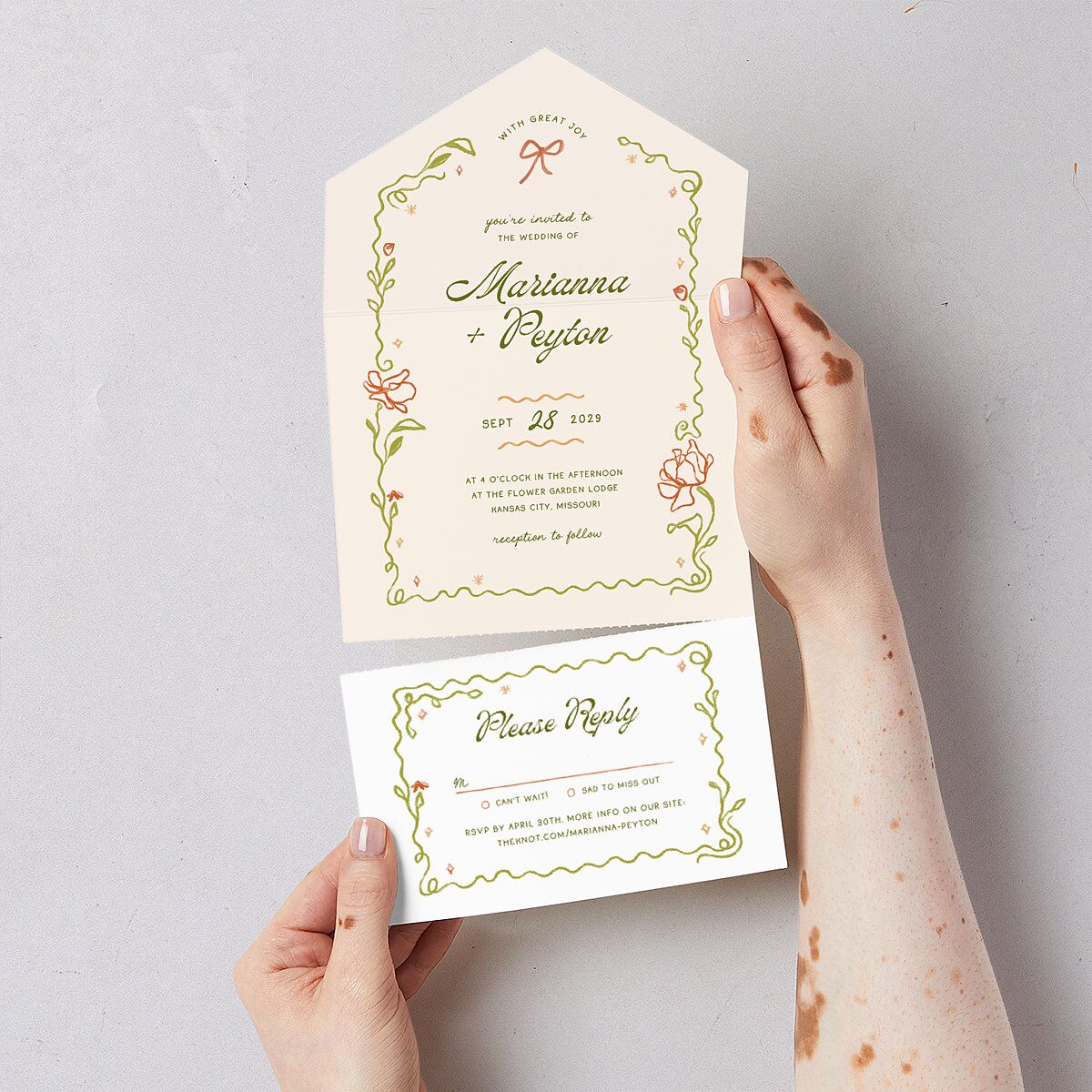 Whimsical Drawn Flowers All-in-One Wedding Invitations Thyme Signature Light Both Recipient and Return Addresses No