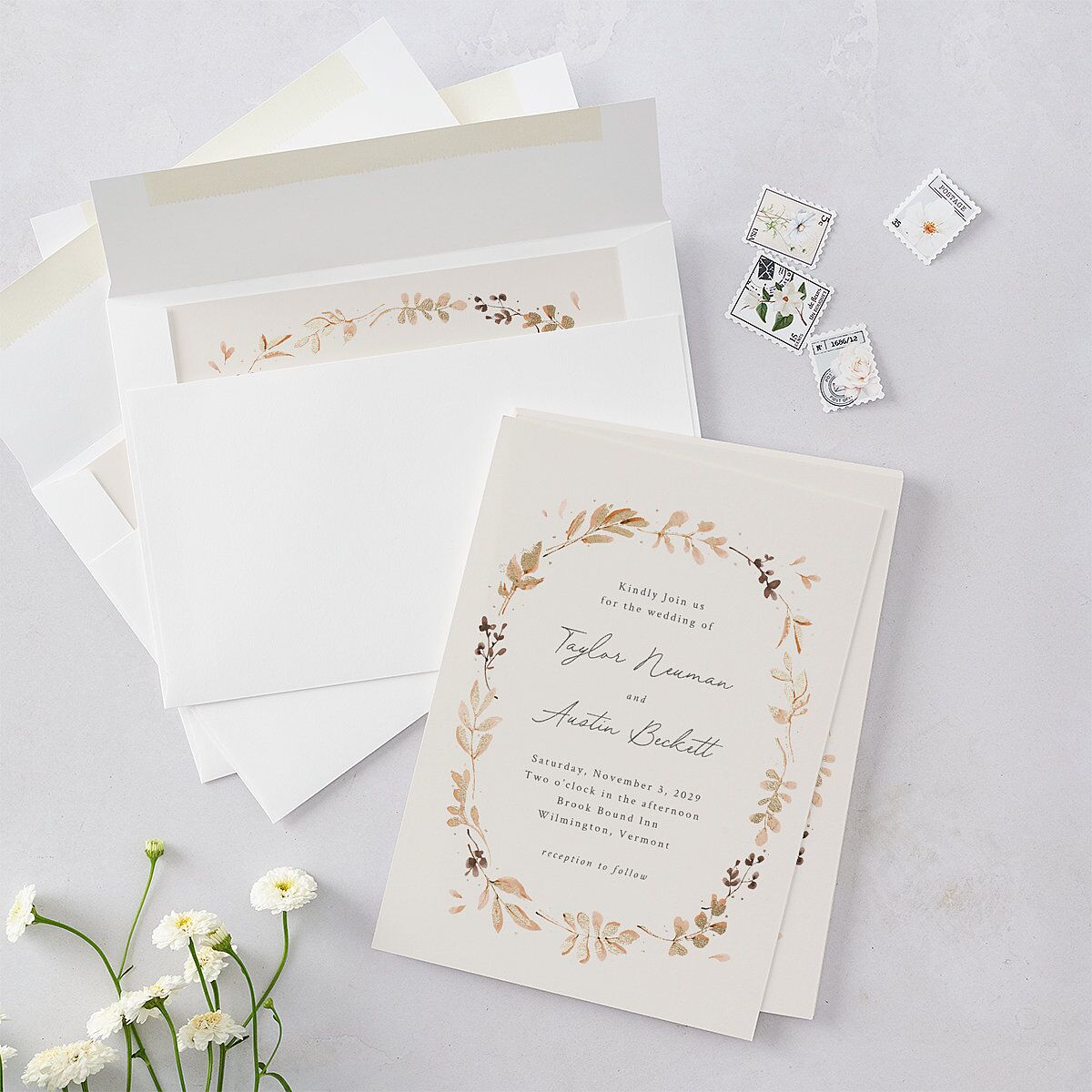 Leafy Garland Foil Wedding Invitations Gold Champagne Signature Blank No Standard