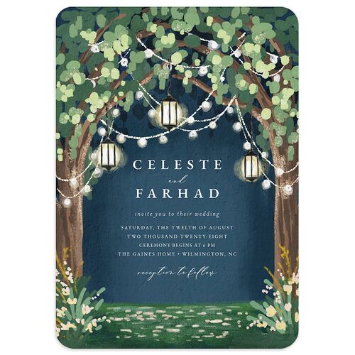 Illuminated Trees Wedding Invitations Moody Blue Signature smooth Blank No Rounded