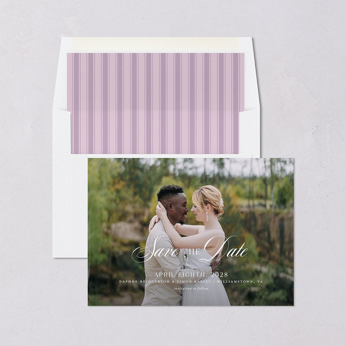 Formal Wisteria Garden Crest Save the Date Cards by Bridgerton Purple Haze Signature smooth Blank No