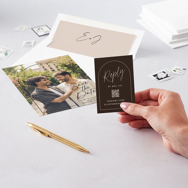 Scripted Arch QR Code RSVP Cards Deep Bronze Signature Standard