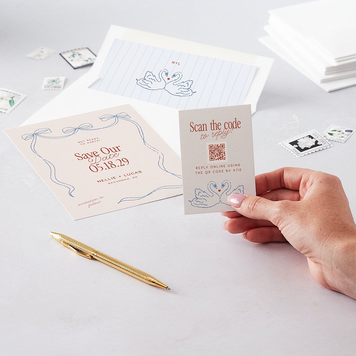 Modern Delicate Bows QR Code RSVP Cards Jewel Red Signature Standard