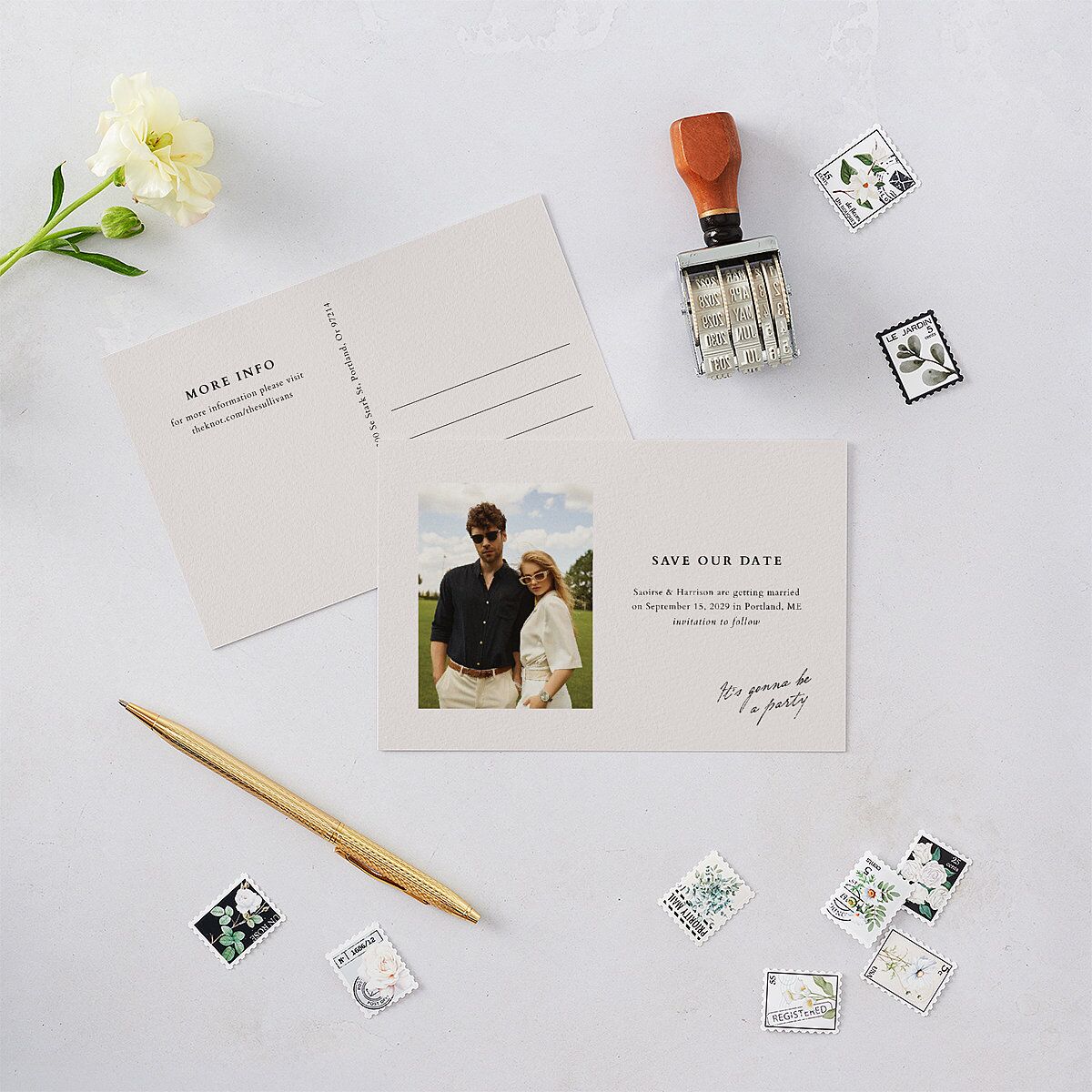 Elegant Editorial Page Save the Date Postcards Champagne