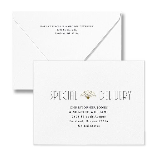 Gatsby Deco Arch Thank You Card Euro Envelopes White Dark Navy Both Recipient and Return Addresses Luxe Signature