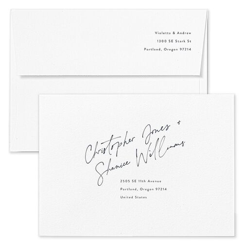 Signed Save The Date Card Envelopes White Dark Navy Both Recipient and Return Addresses Signature Standard