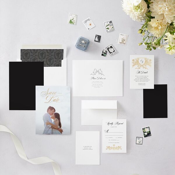 Rose Garden Crest Save the Date Cards by Bridgerton Gold Pure White Signature smooth Blank No Standard