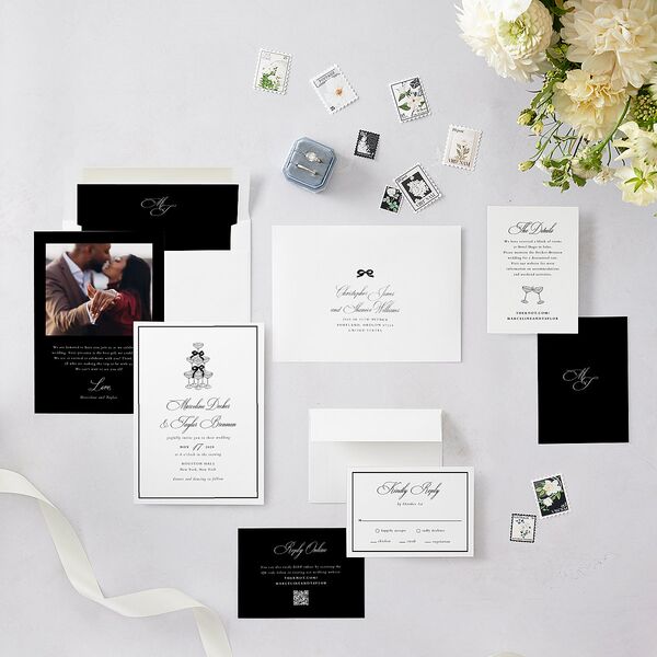 Classic Champagne with Bows Wedding Invitations Pure White Signature Blank No Standard