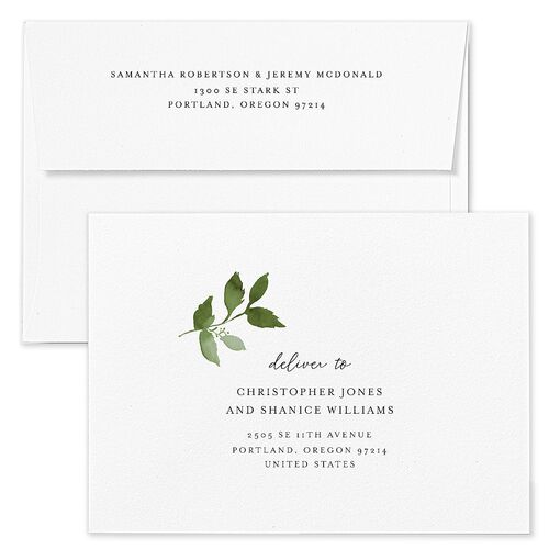 Leafy Frame Wedding Invitation Envelopes White Hunter Green Both Recipient and Return Addresses Standard Signature