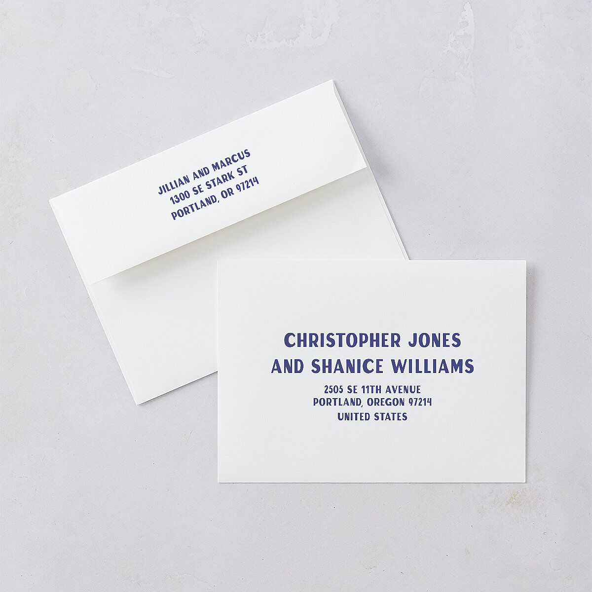 Retro Photo Postcard Inspired Save The Date Card Envelopes White Sapphire Both Recipient and Return Addresses Signature Standard