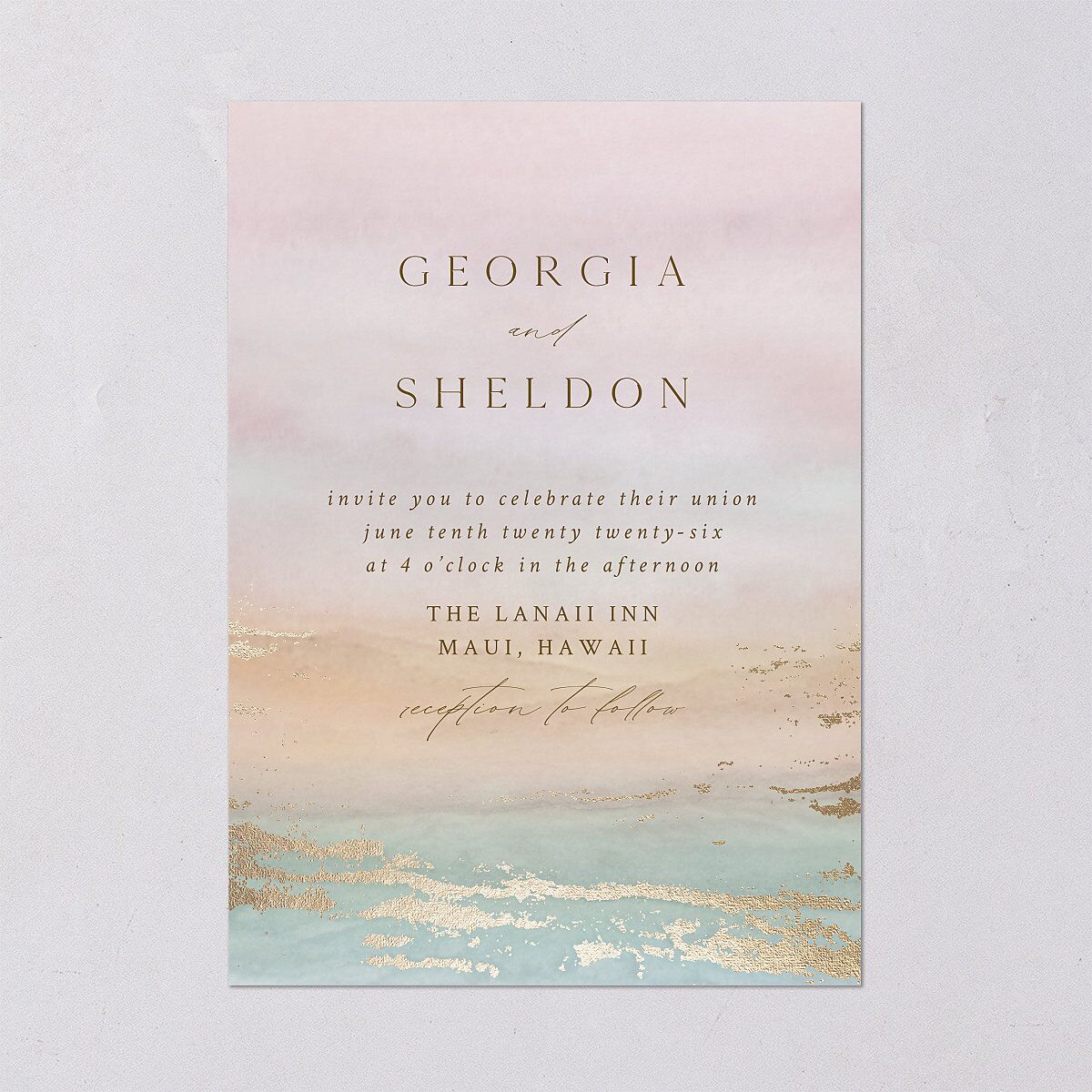 Ethereal Sunset Wedding Invitations Gold Peach Fuzz Signature Blank No