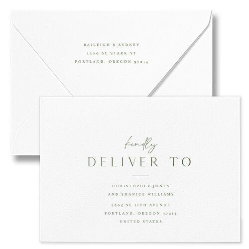 Side Panel Wedding Invitation Euro Envelopes White Deep Olive Both Recipient and Return Addresses Luxe Signature