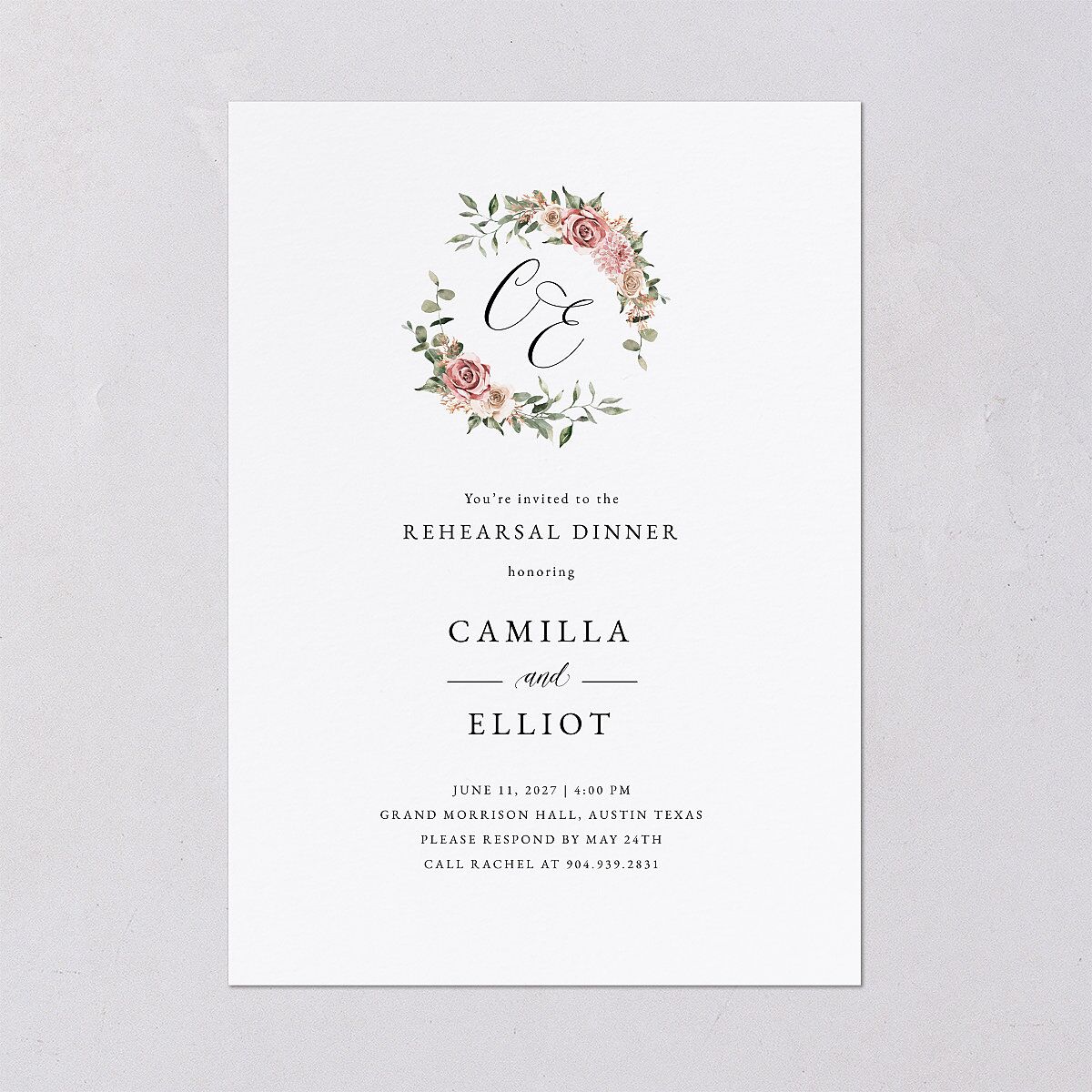 Floral Monogram Rehearsal Dinner Invitations Rose Quartz Signature Blank Standard