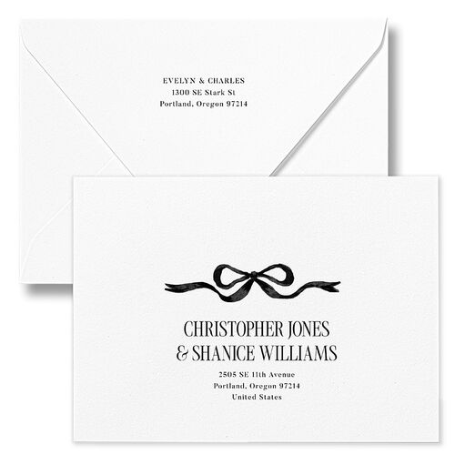 Whimsical Hand Drawn Bow Wedding Invitation Euro Envelopes White Linen Both Recipient and Return Addresses Luxe Signature