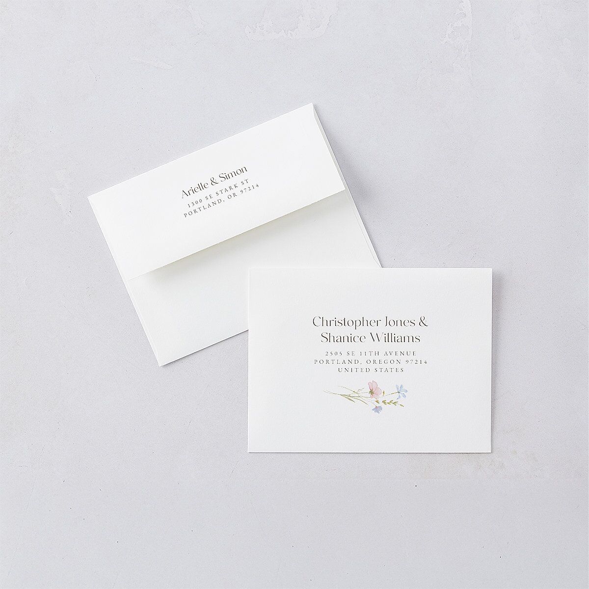 Wildflower Photo Save the Date Magnet Envelopes White Lilac Both Recipient and Return Addresses Signature Standard