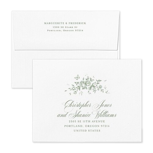 Elegant Rose Crest Thank You Card Envelopes White Standard Deep Olive Both Recipient and Return Addresses Signature