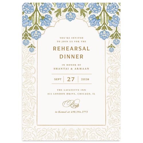 Indian Botanical Blooms Rehearsal Dinner Invitations French Blue Signature Blank Standard