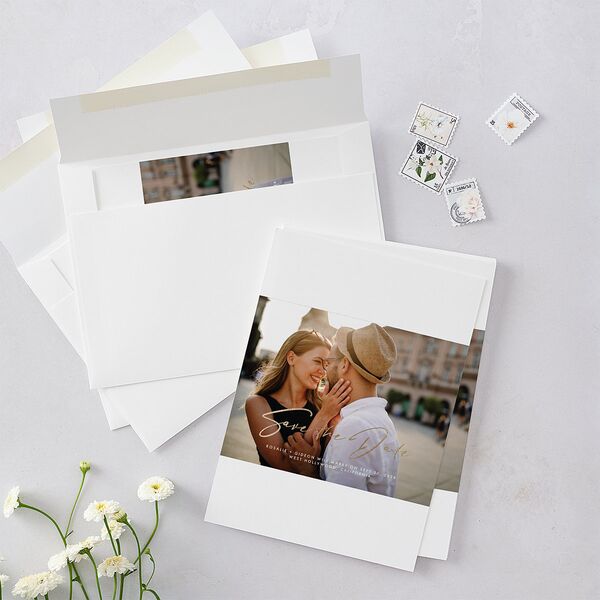 Refined Frame Save The Date Cards Gold Snow Signature smooth Blank No