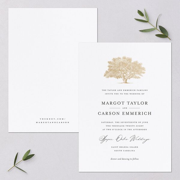 Southern Oak Tree Foil Wedding Invitations Gold Pure White Signature Blank No Standard