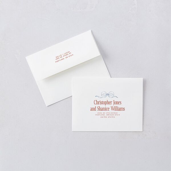 Modern Delicate Bows Save the Date Magnet Envelopes Jewel Red White Both Recipient and Return Addresses Signature Standard