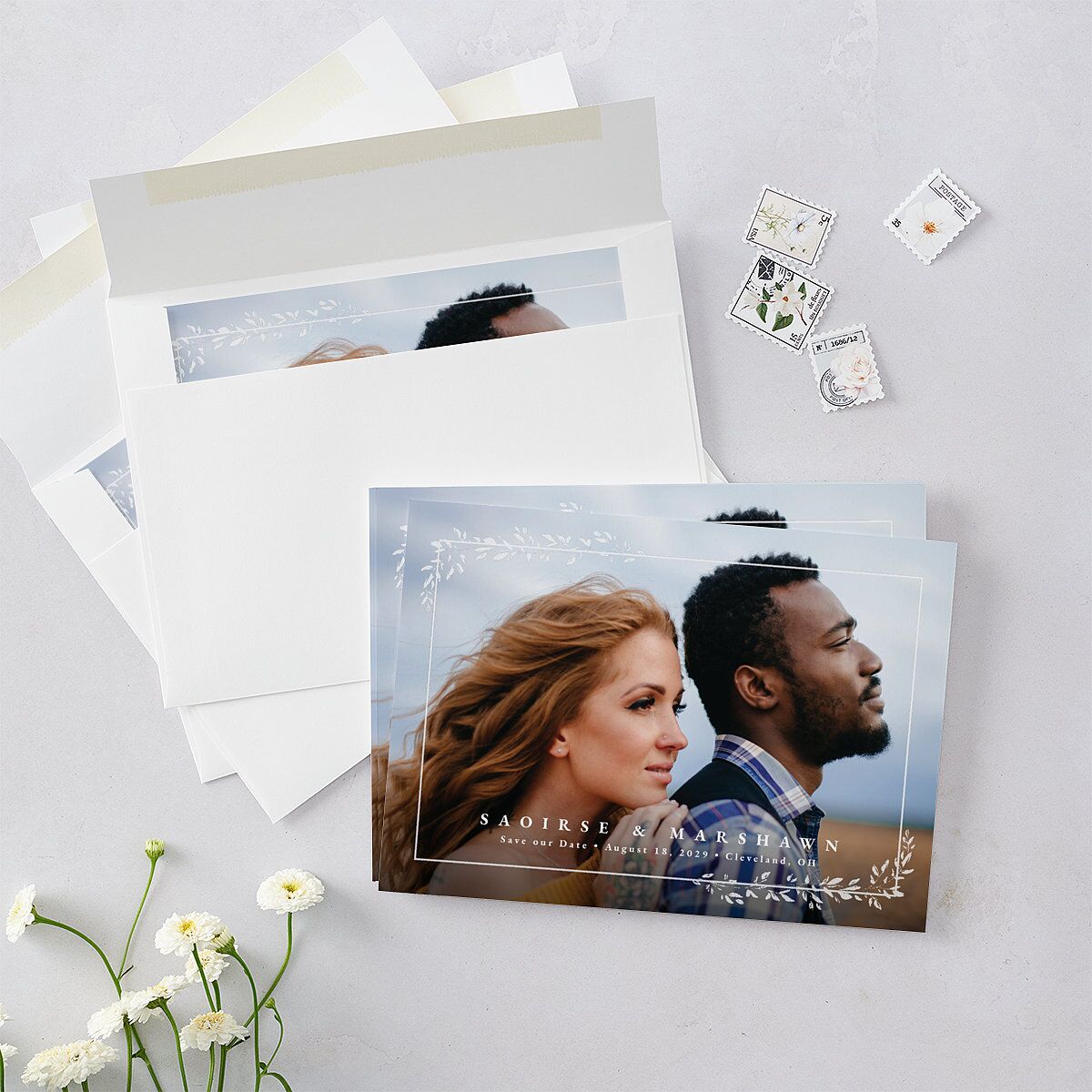 Dainty Frame Save the Date Cards Pure White Signature smooth Blank No Standard