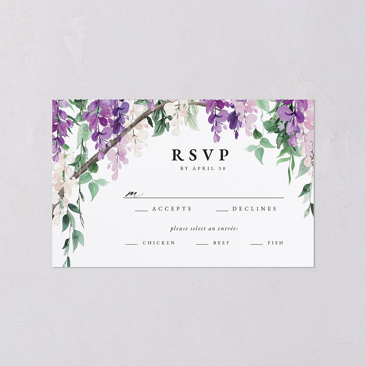 Romantic Wisteria All-in-One Wedding Invitations Purple Petal Signature Light Both Recipient and Return Addresses No