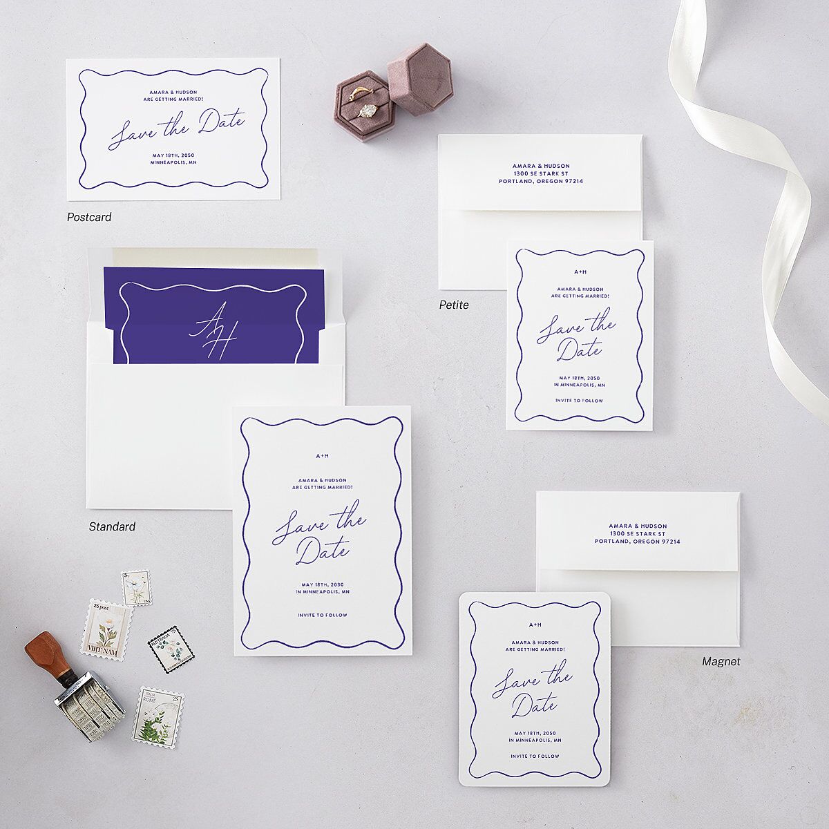 Hand Drawn Wavy Border Save the Date Cards Sapphire Signature smooth Blank No Standard