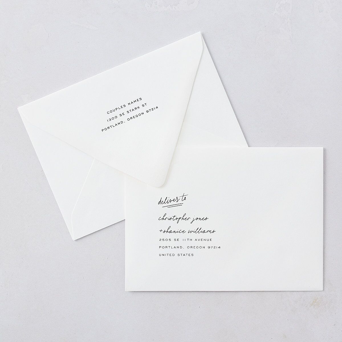 Sunny Day Modern Script Wedding Invitation Euro Envelopes White Pure White Both Recipient and Return Addresses Luxe Signature