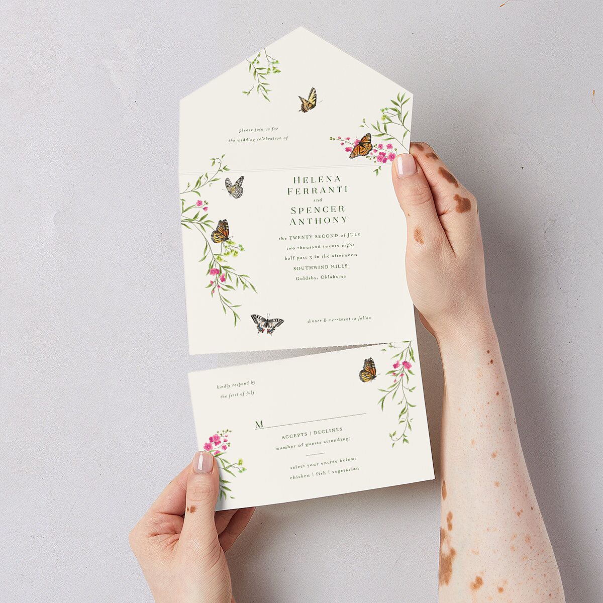 Rustic Butterflies All-in-One Wedding Invitations Scottish Green Signature Light Both Recipient and Return Addresses No