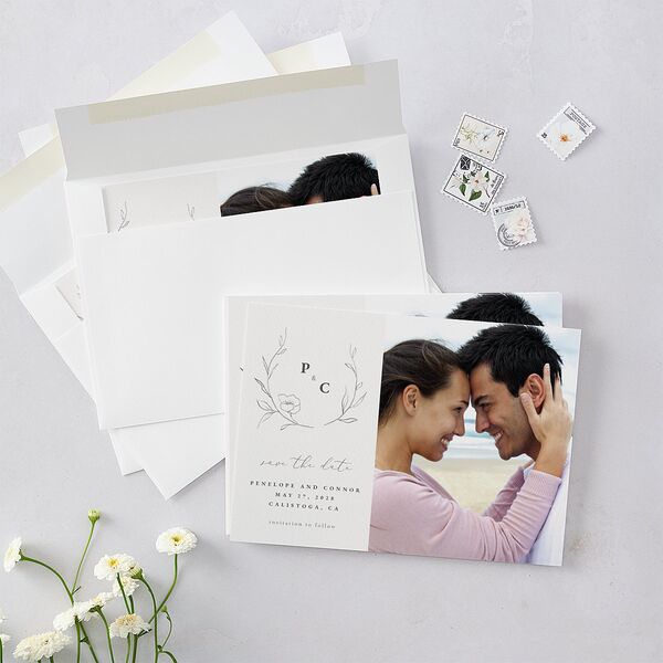 Graceful Botanical Save The Date Cards Shadow Gray Signature smooth Blank No Standard