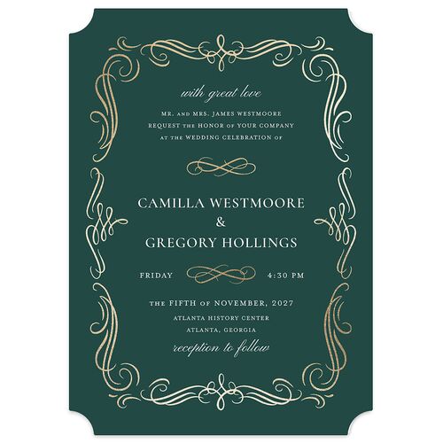 Antique Fairytale Foil Wedding Invitations Gold Dark Emerald Signature Blank No Ticket