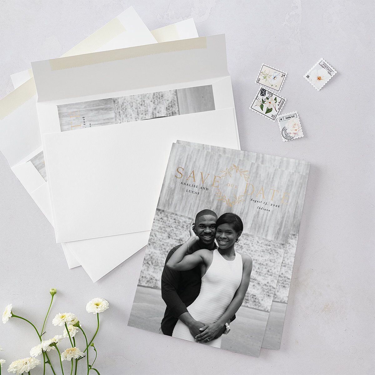 Monogram Leaves Save The Date Cards Gold Charcoal Signature smooth Blank No