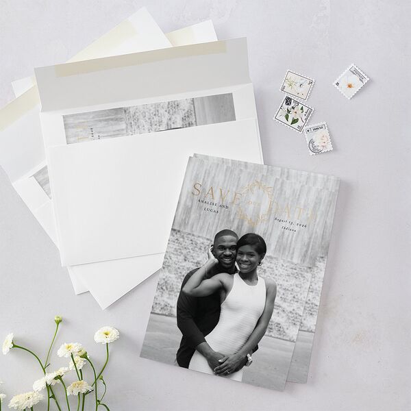 Monogram Leaves Save The Date Cards Gold Charcoal Signature smooth Blank No