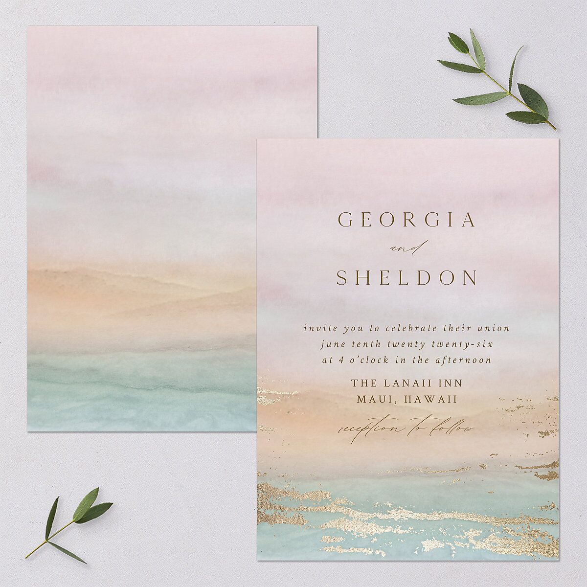 Ethereal Sunset Wedding Invitations Gold Peach Fuzz Signature Blank No
