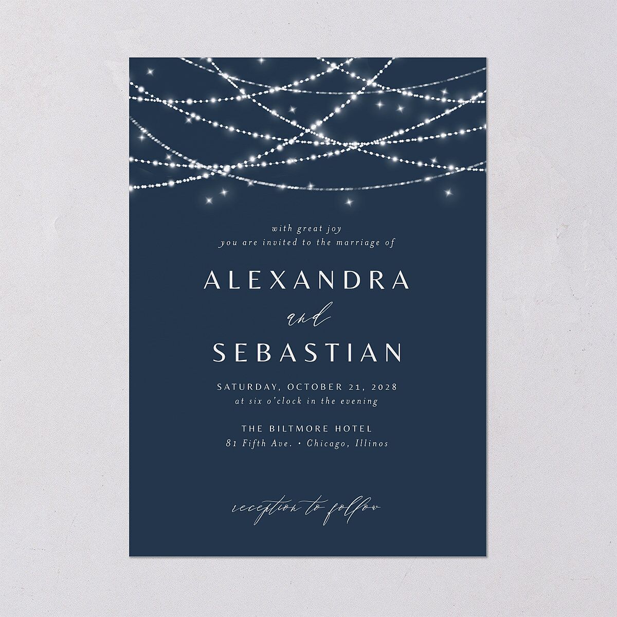 Elegant Lights Wedding Invitations Moody Blue Signature Blank No Standard