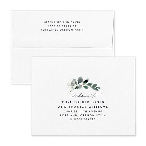 Elegant Greenery Save the Date Petite Card Envelopes White Navy Both Recipient and Return Addresses Signature Standard