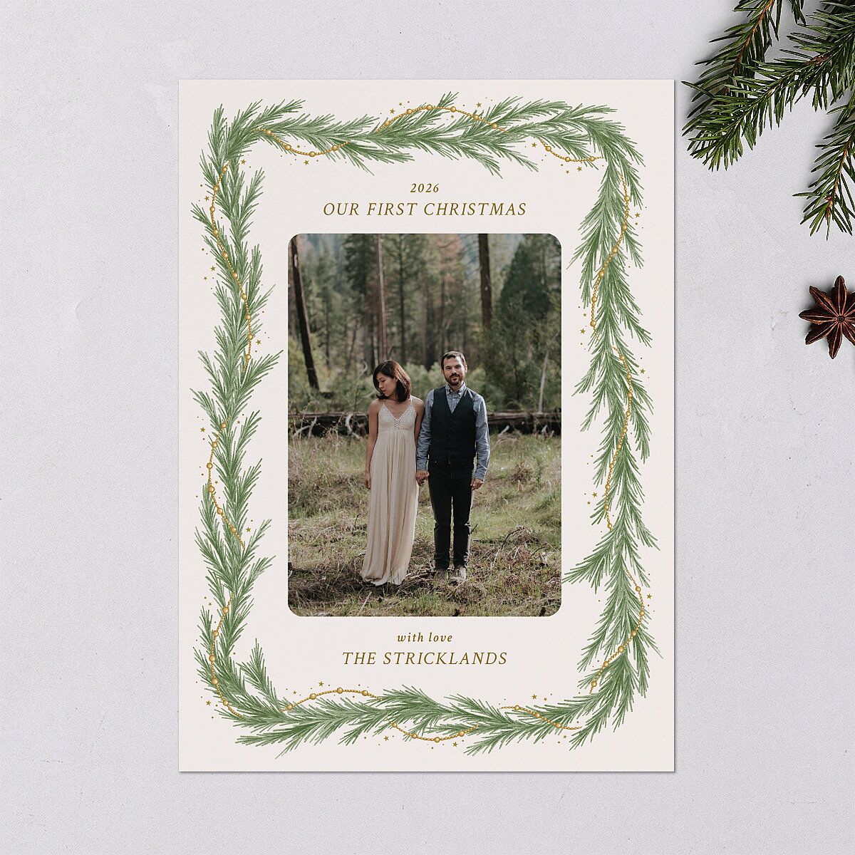 Rustic Garland Newlyweds First Christmas Holiday Cards Linen Signature Blank Standard
