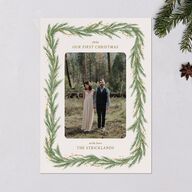 Rustic Garland Newlyweds First Christmas Holiday Cards Linen Signature Blank Standard