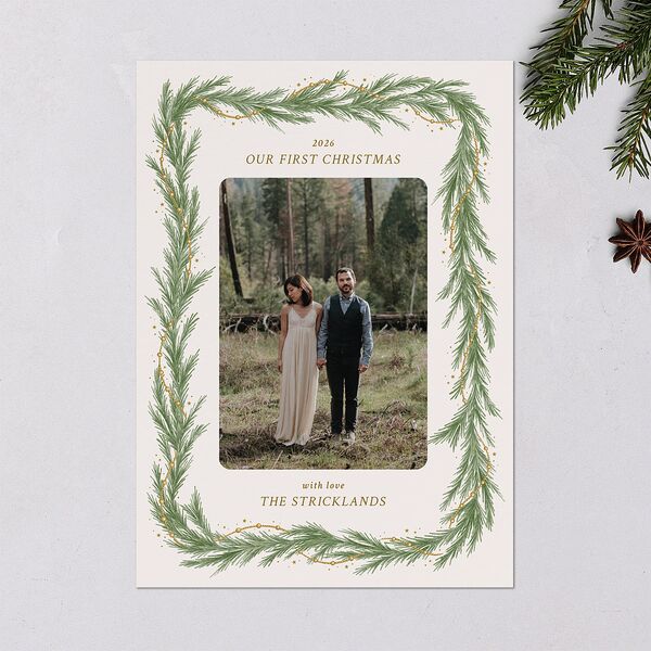 Rustic Garland Newlyweds First Christmas Holiday Cards Linen Signature Blank Standard