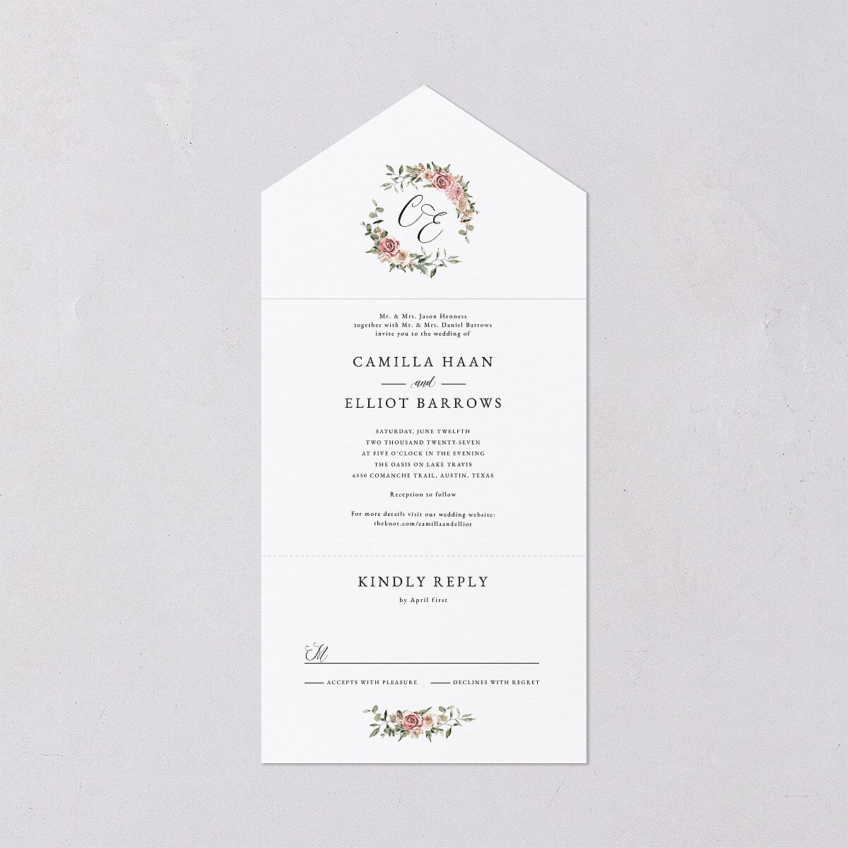 Floral Monogram All-in-One Wedding Invitations Rose Quartz Signature Light Both Recipient and Return Addresses No