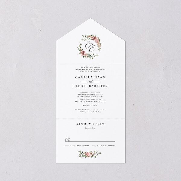 Floral Monogram All-in-One Wedding Invitations Rose Quartz Signature Light Both Recipient and Return Addresses No